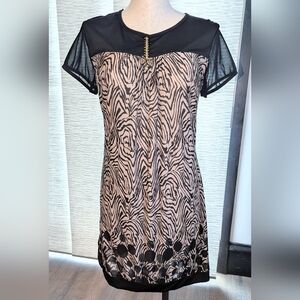Elegant Black Print Dress with Sheer Sleeves
